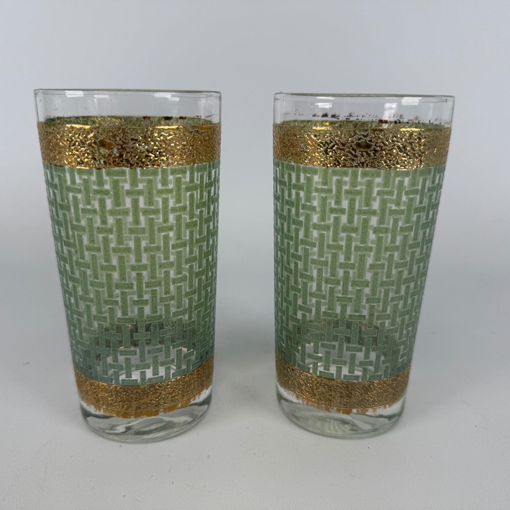 Vintage MCM Green Basketweave Gold Encrusted Highball Glasses Set of 2